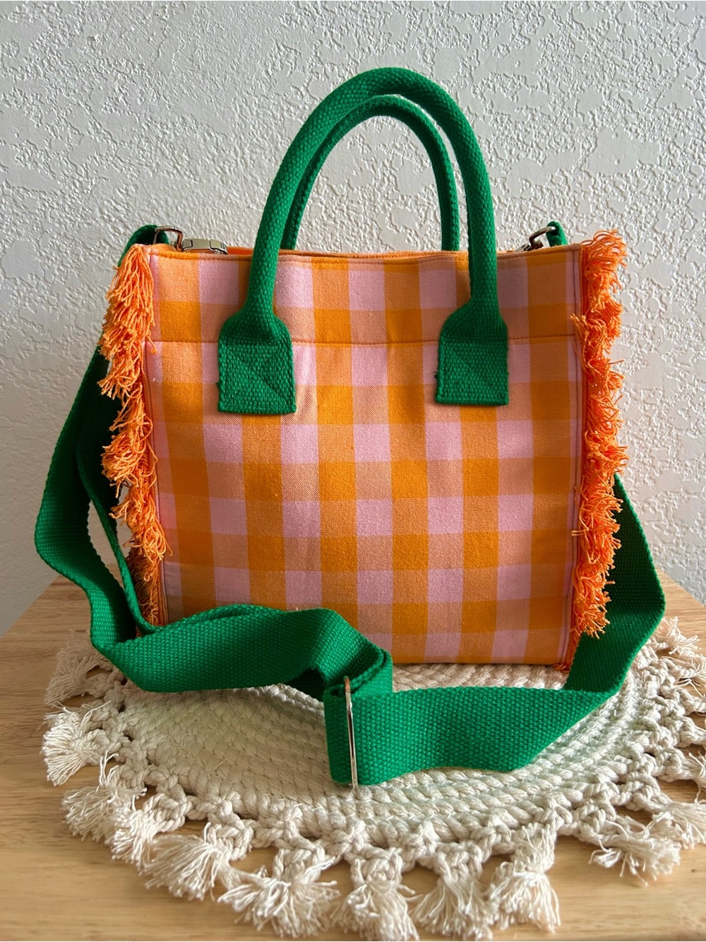 Shiraleah Ana Orange and Pink Gingham Fringe Mini Tote Crossbody Bag